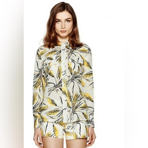 TORY BURCH Brigitte Yellow Wheat Print Roll Tab Sleeve Signature Blouse Sz 0 Top - Picture 1 of 7